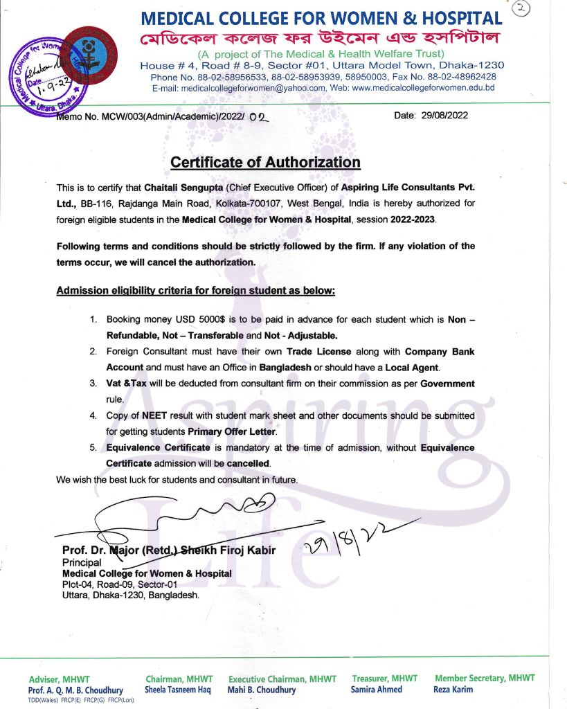 Medical College for Women Certificate